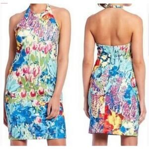 BELLE BADGLEY MISCHKA Fatima Floral Halter Dress Size 6 Open Back Sheath